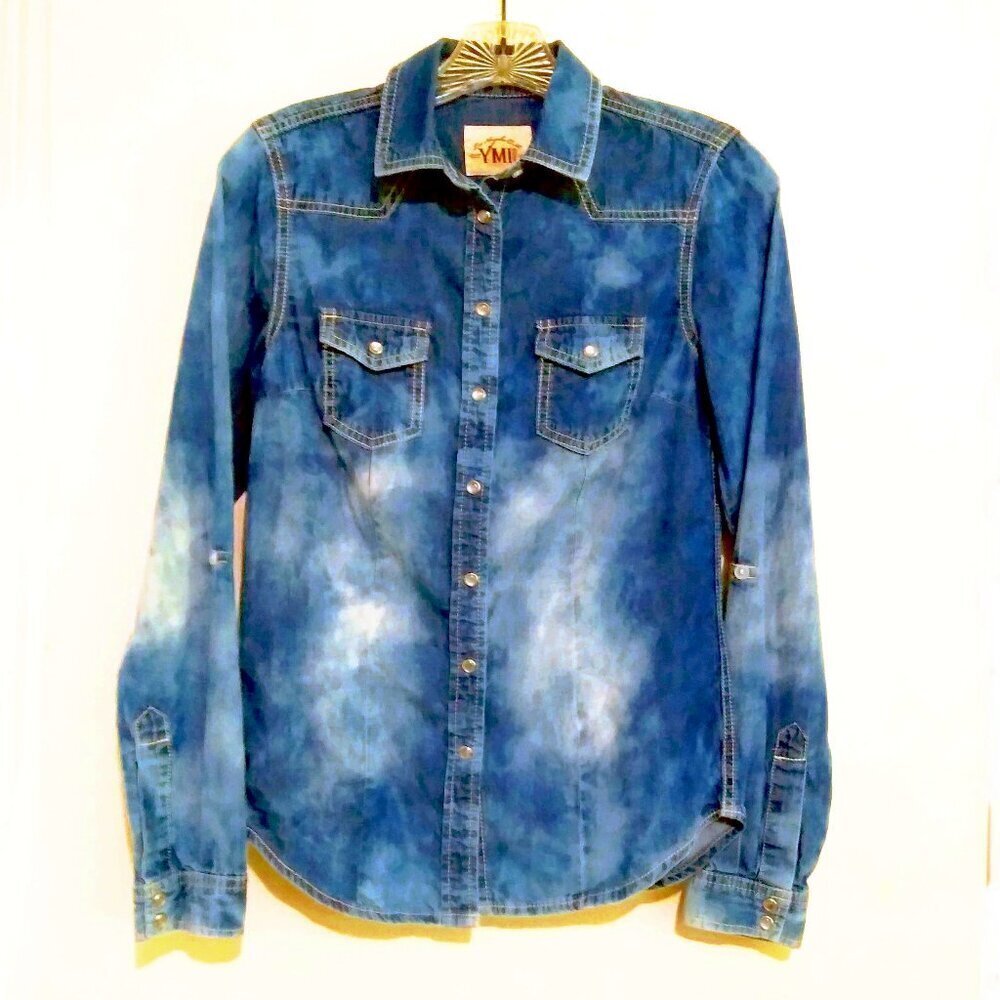 YMI Tie Dyed Denim Chambray With Pearl Snap Buttons Sz XS